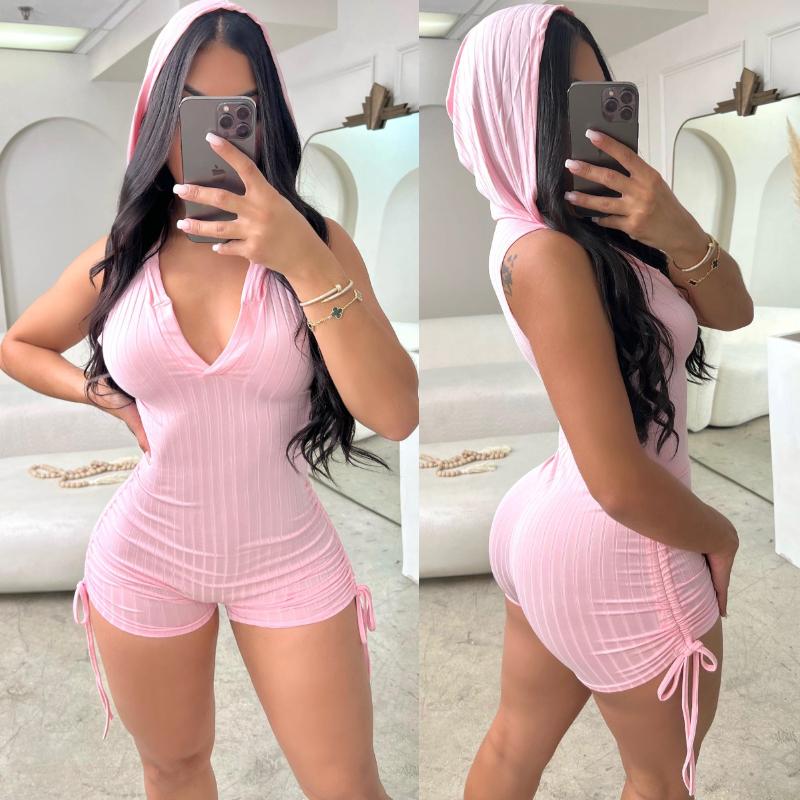 Chicme Side Drawstring Slim Fit Sleeveless Hooded Romper Womenswear Overalls Skinny Women Comfort Basic Suits Polyester