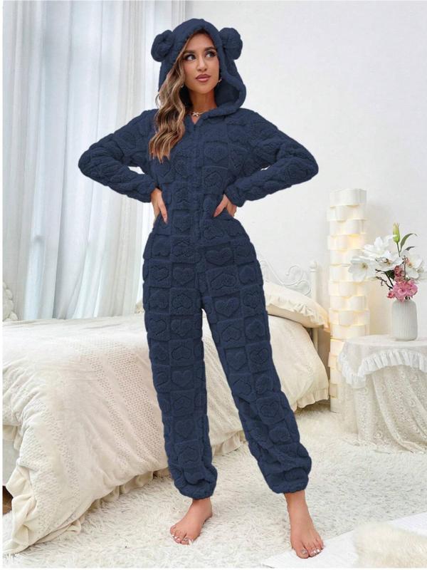 Women's Solid Color Textured Drop Shoulder Zip Up Hooded Jumpsuit, Casual Long Sleeve Plush Jumpsuit for Fall & Winter, Women's Clothes for Indoor Wear