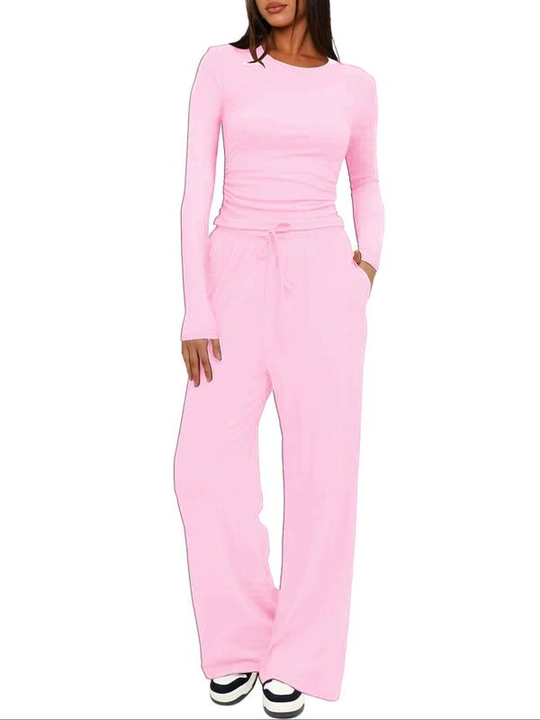 Sporty Two-Piece Set Women's Solid Color Ruched Tee & Tie Front Wide Leg Pants Sportswear Set, Sports Casual Long Sleeve Round Neck Top & Pocket Trousers, Ladies Sportswear for Indoor Outdoor Wear