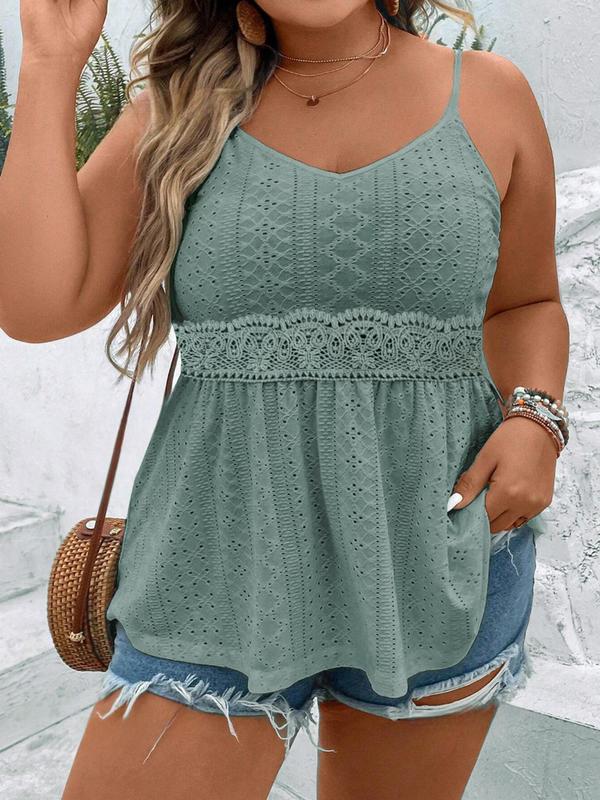 Plus Size Solid Eyelet Embroidery Cami Top, Casual Adjustable Spaghetti Strap Top for Spring & Fall, Women's Plus Clothing for Daily Wear