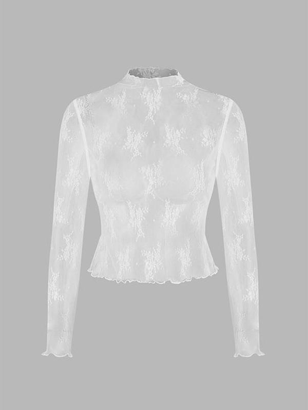 Women's Mock Neck Sheer Floral Lace Tee, Elegant Long Sleeve T-shirt for Daily Wear, Ladies Top Clothes for All Seasons