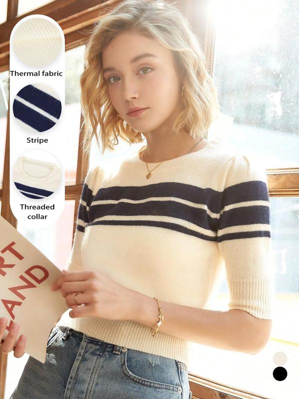 Women's Random Striped Print Round Neck Sweater, Casual Short Sleeve Crew Neck Jumper for Spring & Fall, Fashion Women's Knitwear for Daily Wear