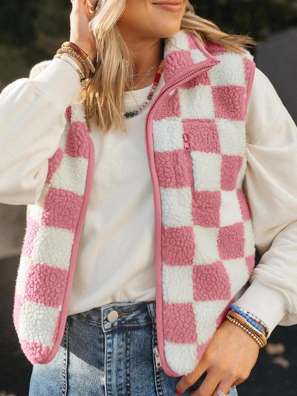 Women's Checkerboard Print Zip Up Fuzzy Vest Jacket, Casual Sleeveless Collared Outerwear for Winter, Ladies Clothes for Daily Wear Womenswear Tops