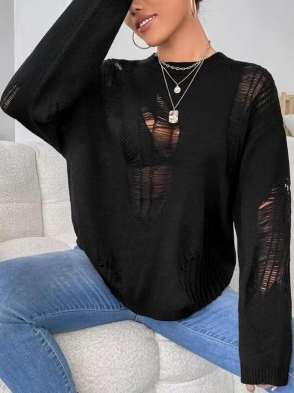 Women's Basic Minimalist Solid Color Ripped Drop Shoulder Sweater, Lady Casual Comfort Long Sleeve Round Neck Jumper for Fall, Women's Knitwear for Daily Wear, Womenswear Knitting Tops