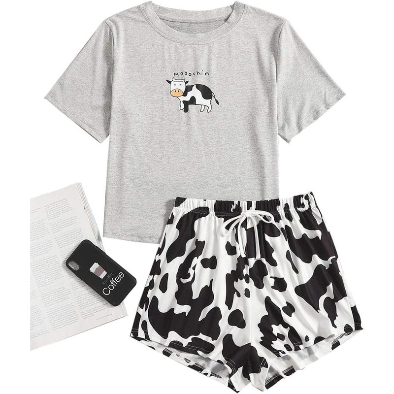 Cartoon Cow Print Short Sleeve Tee and Shorts Pajama Set