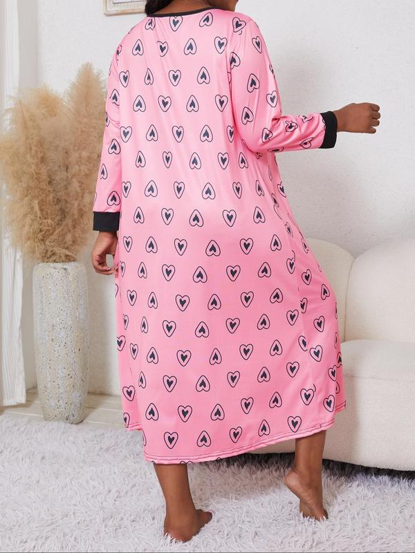 Plus Size Heart Striped Print Contrast Binding Notched Neck Nightdress, Casual Soft Comfortable Long Sleeve Nightgown for Women, Women's Sleepwear for All Seasons