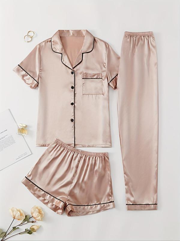 Women's 3pcs Solid Contrast Binding Lapel Collar Button Front Shirt & Elastic Waist Shorts & Pants Satin Pyjama Set, Casual Comfy Top & Shorts & Trousers PJ Set, Summer Wear, Ladies Summer Sleepwear