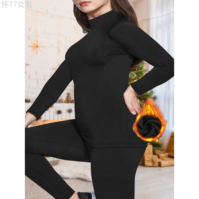 Plus Size Women's Thermal Underwear Set - High Neck Plush Lined Long Sleeve Top & Solid Color Tights For Fall & Winter