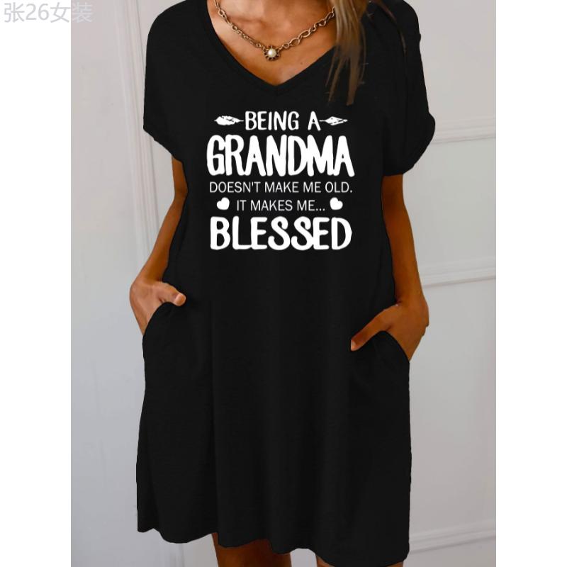 Blessed Grandma V-Neck Plus Size Nightdress with Pockets - Casual Knit Polyester Blend Alphabet Pattern Loungewear for Women - Comfortable Medium Stretch All-Season Sleepwear Fabric Womenswear Homewear Batwing