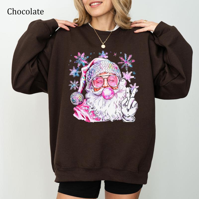 Retro Santa Christmas Blowing Bubble Sweatshirt, Funny Santa With Sunglasses Xmas, Youthful & Vibrant, Printed Womenswear