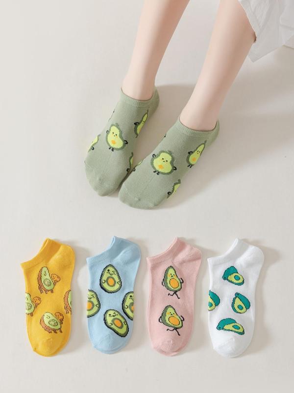 Women's 5 Pairs Cartoon Avocado Print Ankle Socks, Low Cut Comfy Socks for Women, Multi-pack Knit Socks for Daily Wear, Women's Socks & Hosiery