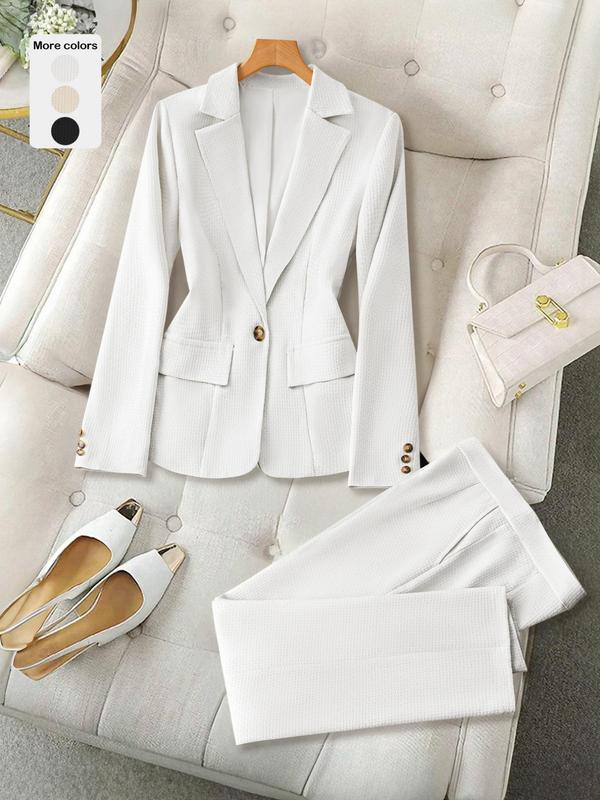 Two-Piece Set Women's Solid Color Flap Detail Button Front Blazer & Pocket Pants Suit Set, Elegant Lapel Neck Long Sleeve Outerwear & Trousers for Work Office Business, Ladies Fall & Winter Clothes