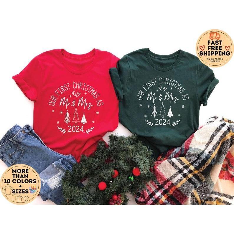 Our First Christmas As Mr And Mrs, Christmas Pajamas, Matching Christmas Shirts, Mr and Mrs Couple Tshirt, Merry Christmas tees, Holiday Tee