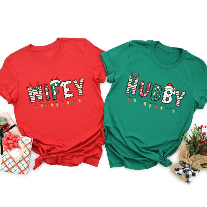 Hubby Wifey Christmas Shirt, Couple Christmas Sweatshirt, Christmas Wife and Husband Clothing T-shirt, Xmas Family Matching Tee Smooth