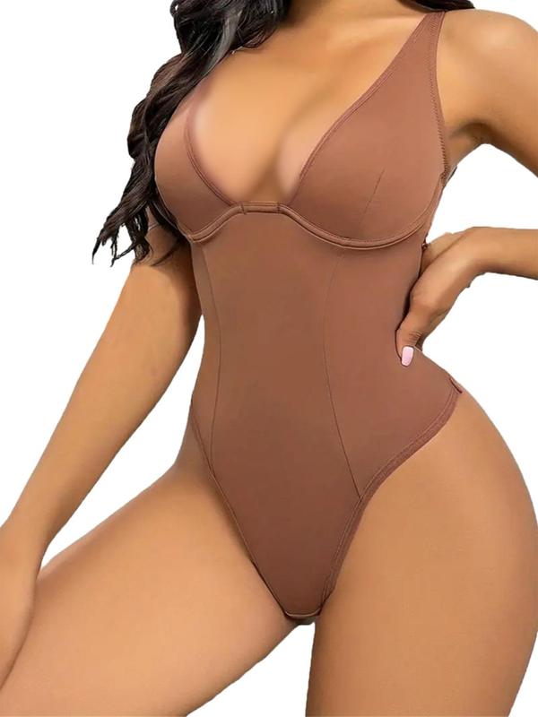 Women's Sexy Solid Backless V Neck Shapewear Cami Bodysuit, Adjustable Strap Bodysuit, Tummy Control Shaper for Daily Wear