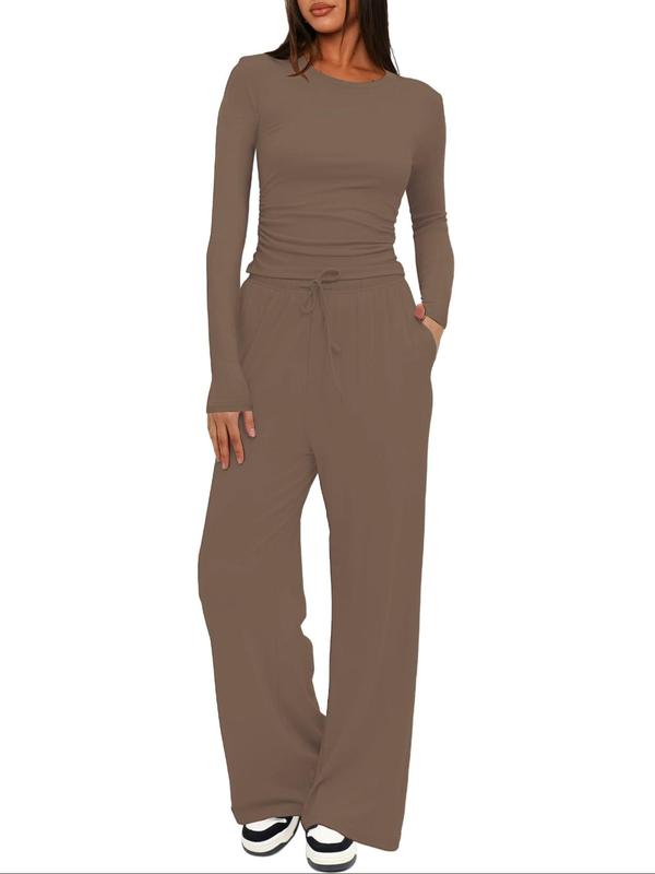 Sporty Two-Piece Set Women's Solid Color Ruched Tee & Tie Front Wide Leg Pants Sportswear Set, Sports Casual Long Sleeve Round Neck Top & Pocket Trousers, Ladies Sportswear for Indoor Outdoor Wear