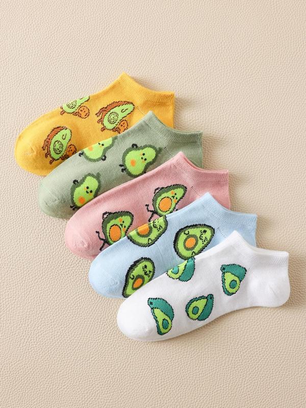 Women's 5 Pairs Cartoon Avocado Print Ankle Socks, Low Cut Comfy Socks for Women, Multi-pack Knit Socks for Daily Wear, Women's Socks & Hosiery