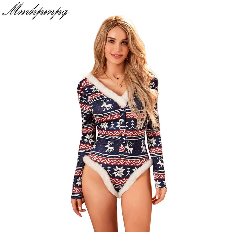 Women´s Christmas Jumpsuit Pajama Long Sleeve V Neck Snowflake Elk Print Sleepwear Loungewear Spandex