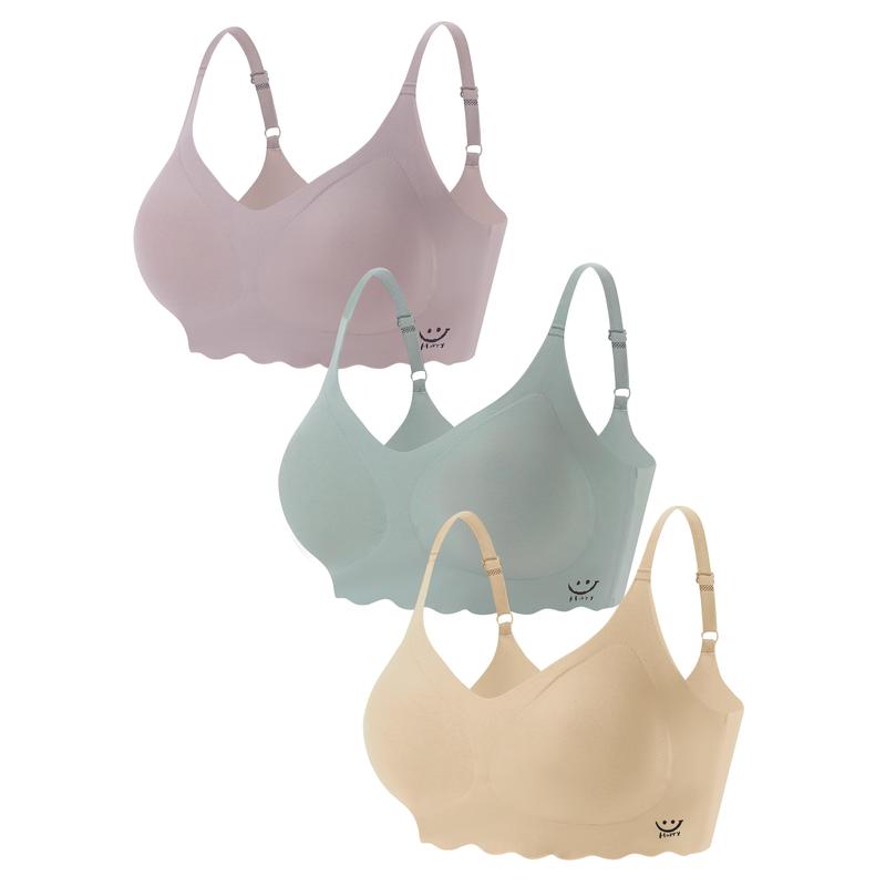 3pcs Seamless Wireless Bras, Comfy & Breathable Scollop Trim Bra, Women's Lingerie & Underwear