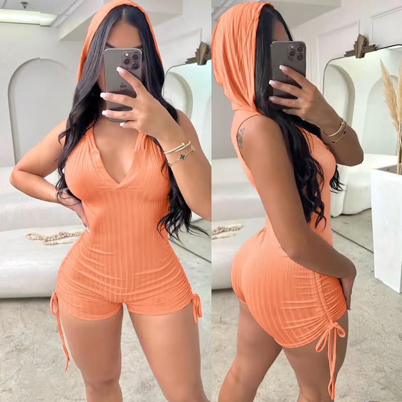 Chicme Side Drawstring Slim Fit Sleeveless Hooded Romper Womenswear Overalls Skinny Women Comfort Basic Suits Polyester