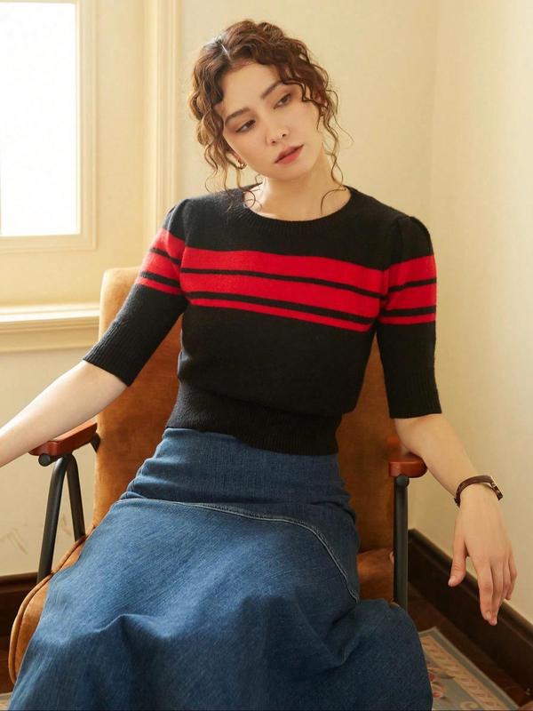 Women's Random Striped Print Round Neck Sweater, Casual Short Sleeve Crew Neck Jumper for Spring & Fall, Fashion Women's Knitwear for Daily Wear