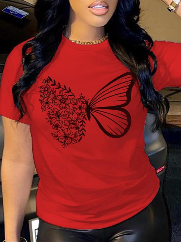 Women's Floral & Butterfly Print Round Neck Graphic Tees, T Shirts for Women, Casual Short Sleeve T-shirt for Daily Wear, Ladies 90s Clothes for All Seasons