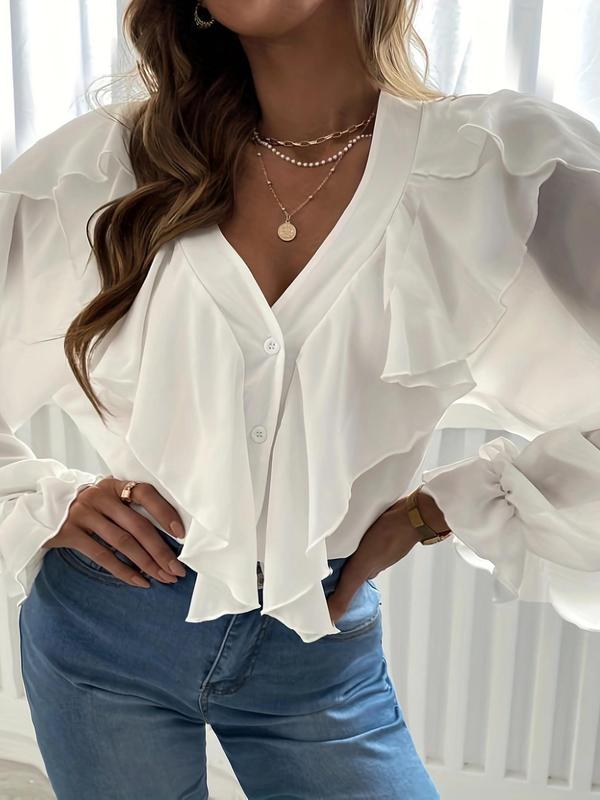 Plus Size Plain Ruffle Trim Button Front Blouse, Casual Flounce Sleeve V Neck Top for Spring & Fall, Women's Clothes for Daily Wear