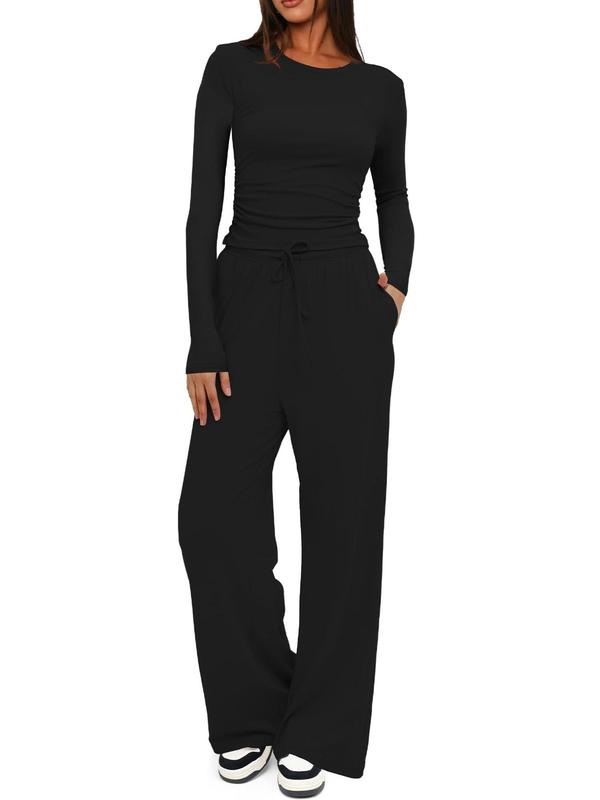 Sporty Two-Piece Set Women's Solid Color Ruched Tee & Tie Front Wide Leg Pants Sportswear Set, Sports Casual Long Sleeve Round Neck Top & Pocket Trousers, Ladies Sportswear for Indoor Outdoor Wear