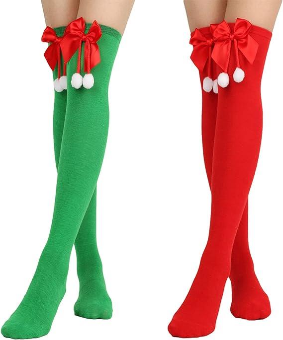 Lopsity 4PCS Thigh High Socks Striped over Knee Stockings Christmas Leg Warmers Christmas Bow Socks for Women Girls