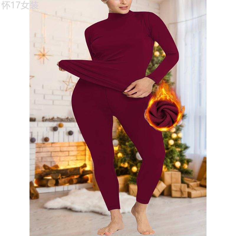 Plus Size Women's Thermal Underwear Set - High Neck Plush Lined Long Sleeve Top & Solid Color Tights For Fall & Winter