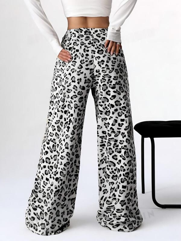 Women's Leopard Print Bow Decor Plush Straight Leg Pants, Casual Comfy Elastic Waist Trousers for Daily Wear, Ladies Bottoms for Fall & Winter