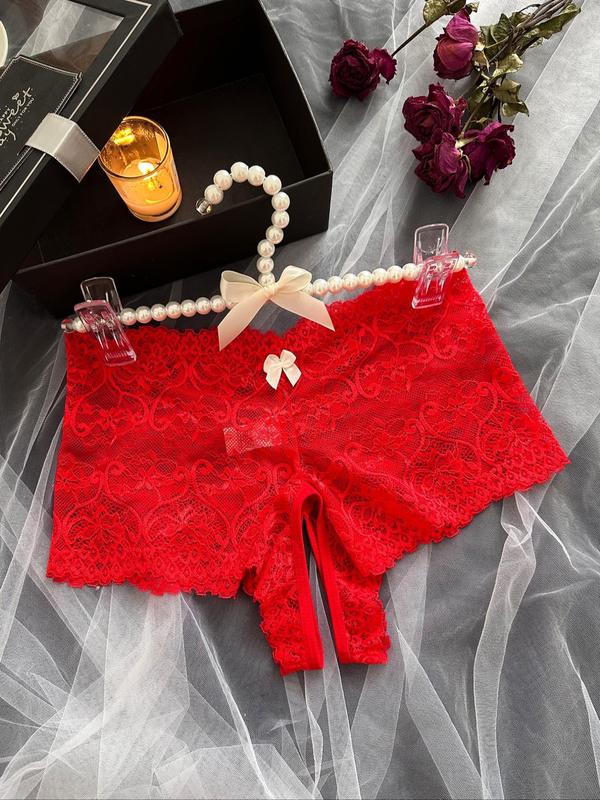 Women's Bow Decor Lace Sexy Knicker with Open Crotch Design, Comfy Breathable Sheer Panty for Daily Wear, Ladies Underwear for All Seasons