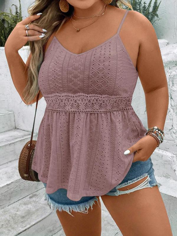 Plus Size Solid Eyelet Embroidery Cami Top, Casual Adjustable Spaghetti Strap Top for Spring & Fall, Women's Plus Clothing for Daily Wear