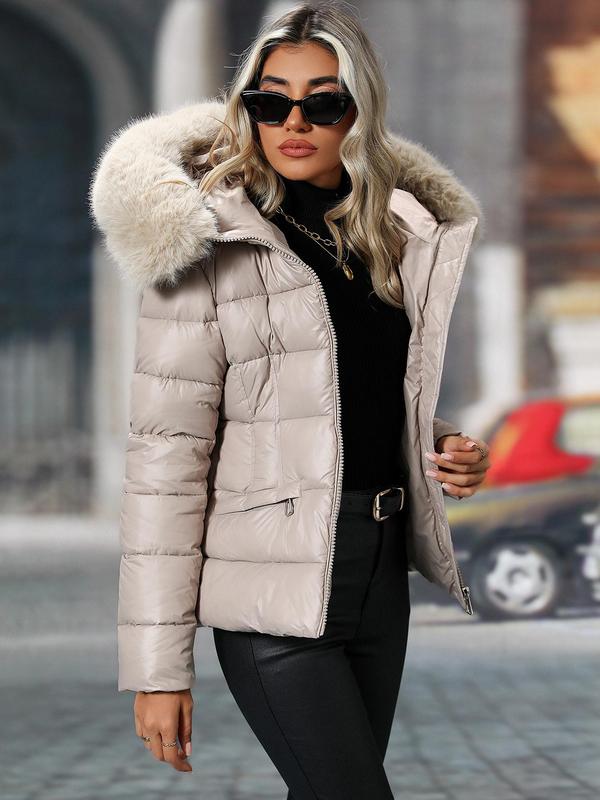 Women's Solid Color Zip Up Contrast Faux Fur Hooded Quilted Jacket, Casual Long Sleeve Pocket Hooded Outerwear for Fall & Winter, Women's Clothing for Daily Wear