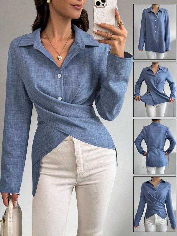 YOZY Women's Plain Criss Cross Wrap Button Front High Low Hem Shirt, Casual Ruched Tie Back Long Sleeve Collared Top for Daily Wear, Ladies Clothes for All Seasons