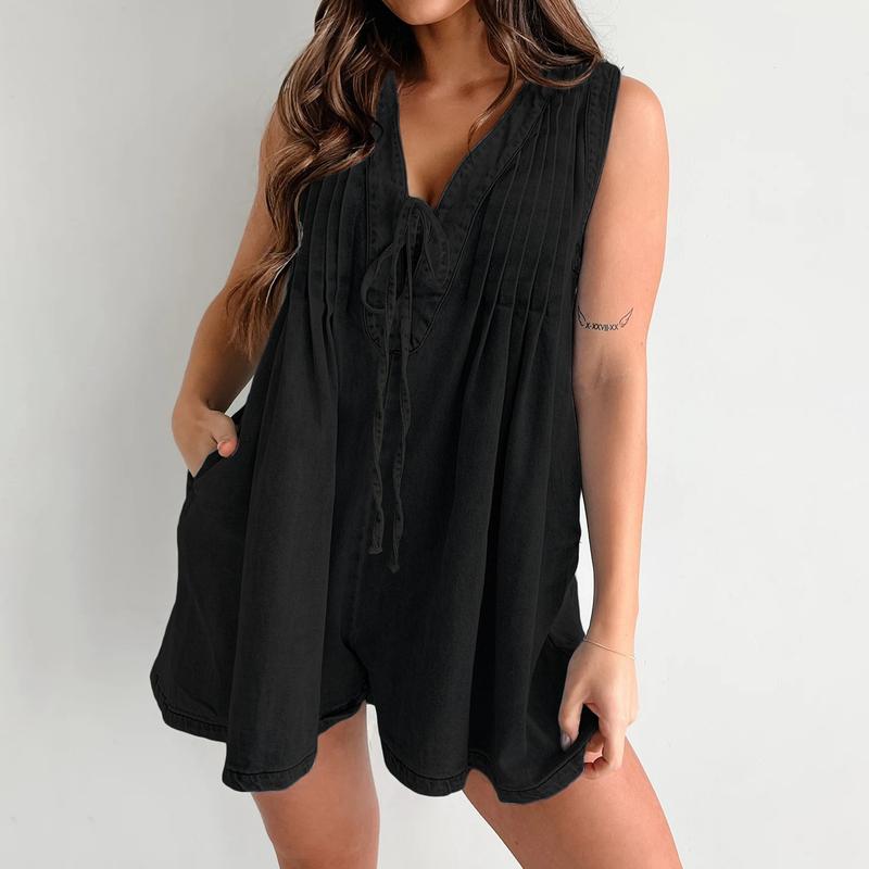 Women's Demin Tank Top Jumpsuit Loose Pleated Tie Front V Neck Sleeveless Shorts Romper with Pockets for Summer