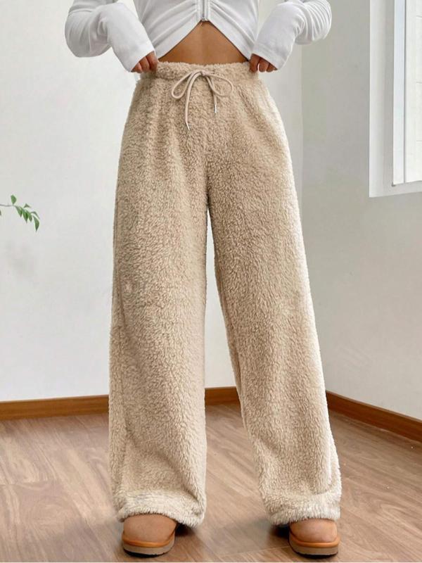 Women's Solid Drawstring Waist Plush Straight Leg Pants, Casual Comfy Warm Trousers for Fall & Winter, Women's Bottoms for Daily Wear