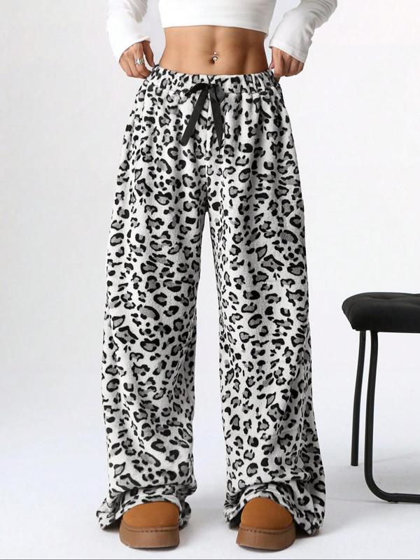 Women's Leopard Print Bow Decor Plush Straight Leg Pants, Casual Comfy Elastic Waist Trousers for Daily Wear, Ladies Bottoms for Fall & Winter