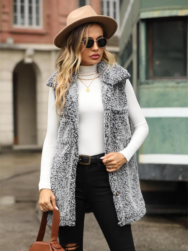 Women's Solid Button Front Dual Pocket Collared Teddy Plush Vest Coat, Casual Fuzzy Midi Waistcoat For Fall & Winter, Women's Clothing For Daily Wear