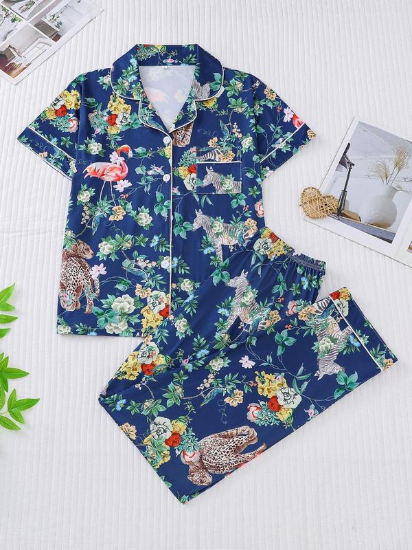 Two-Piece Set Women's Tiger & Plants Print Pocket Pyjama Set, Casual Comfy Lapel Top & Pants Pj Set for Daily Home Wear, Comfy Loungewear Set for Women