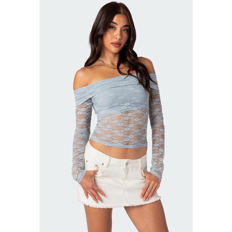 Elysia Fold Over Sheer Lace Top