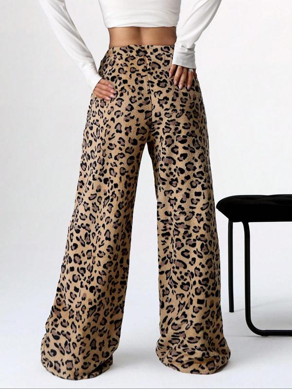 Women's Leopard Print Bow Decor Plush Straight Leg Pants, Casual Comfy Elastic Waist Trousers for Daily Wear, Ladies Bottoms for Fall & Winter