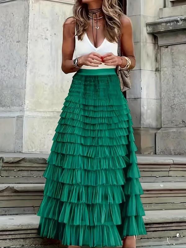 Women's Contrast Mesh Ruffle Trim Tiered Layer Skirt, Casual Frill Trim High Waist A Line Skirt for Fall & Winter, Skirts for Women , Fashion Ladies Skirt for Beach Holiday