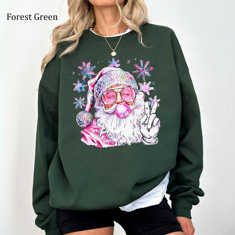 Retro Santa Christmas Blowing Bubble Sweatshirt, Funny Santa With Sunglasses Xmas, Youthful & Vibrant, Printed Womenswear