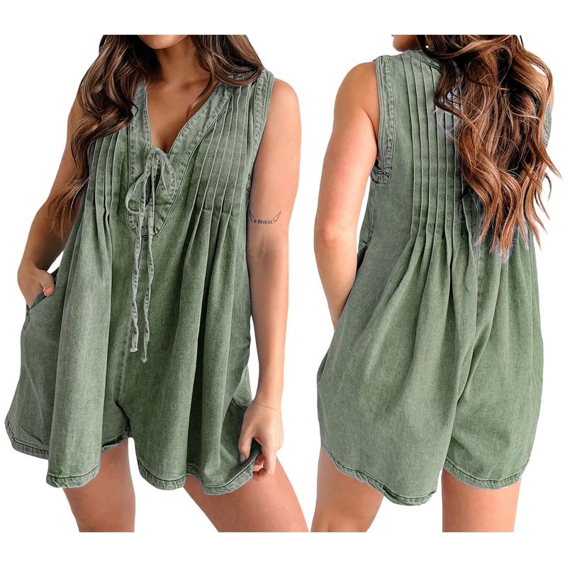 Women's Demin Tank Top Jumpsuit Loose Pleated Tie Front V Neck Sleeveless Shorts Romper with Pockets for Summer