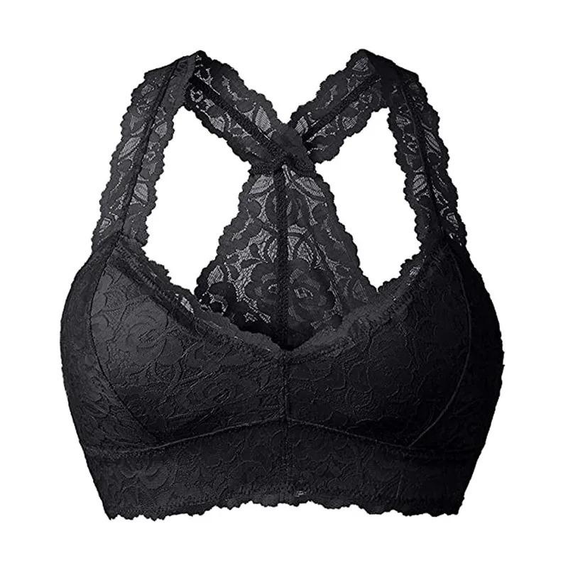 Women Plus Size Vest Bra Crop Wire Free Bras Lingerie Sexy V Neck Underwear Embroidery Sexy Lace Solid Color Bralette S 3XL