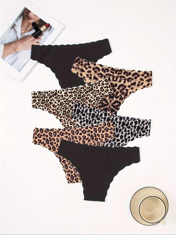 Women's 6pcs Leopard Print Scallop Trim Panty, Soft Comfy Breathable Knicker for Daily Wear, Underwear for All Seasons