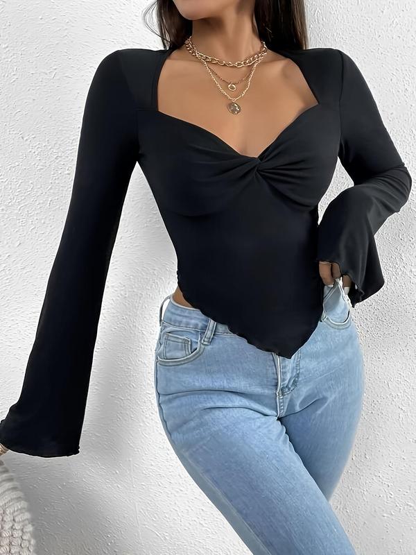 Women's Plain Twist Front Lettuce Trim Hanky Hem Flounce Sleeve Crop Tee, Casual Sweetheart Neck Long Sleeve T-Shirt for Daily Wear, Ladies Clothes for All Seasons