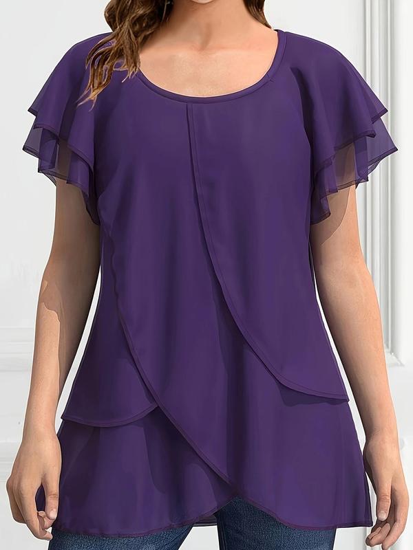 Women's Plain Asymmetrical Hem Butterfly Sleeve Chiffon Blouse, Casual Tiered Layer Short Sleeve Round Neck Top for Summer, Ladies Clothes for Daily Wear