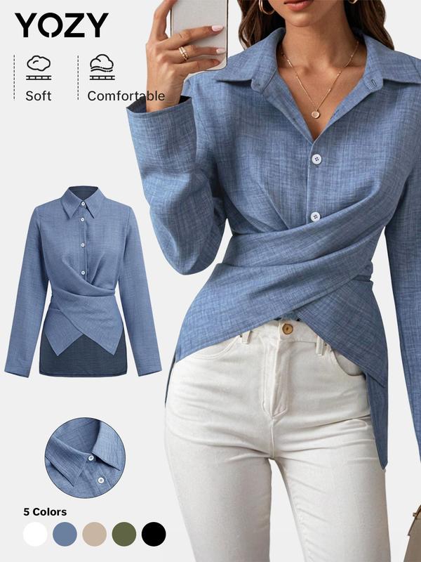 YOZY Women's Plain Criss Cross Wrap Button Front High Low Hem Shirt, Casual Ruched Tie Back Long Sleeve Collared Top for Daily Wear, Ladies Clothes for All Seasons